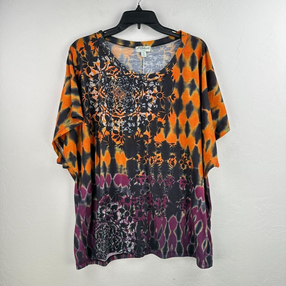Great Northwest Top Womens 2X Plus Orange Purple Floral Dolman Sleeve Lagenlook